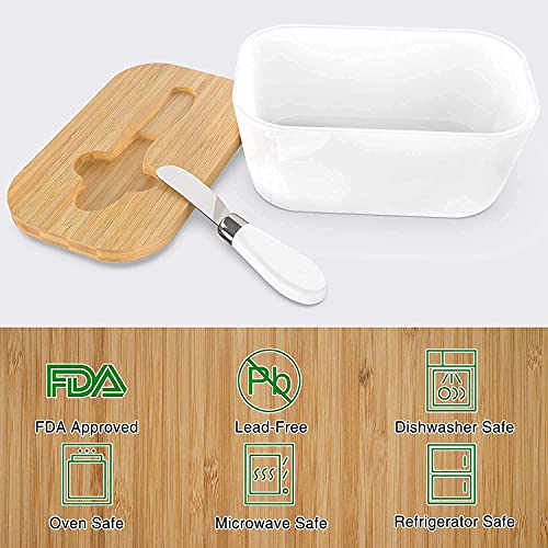 Kitssential® Ceramic Butter Dish with Wooden Lid, Large Butter Container Keeper Storage Plate with Steal Butter Knife, Bamboo Cover and Silicone Sealing Ring for West East Coast Butter, White (Large) - Image 3