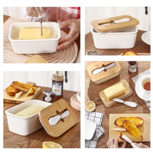 Kitssential® Ceramic Butter Dish with Wooden Lid, Large Butter Container Keeper Storage Plate with Steal Butter Knife, Bamboo Cover and Silicone Sealing Ring for West East Coast Butter, White (Large) - Image 5