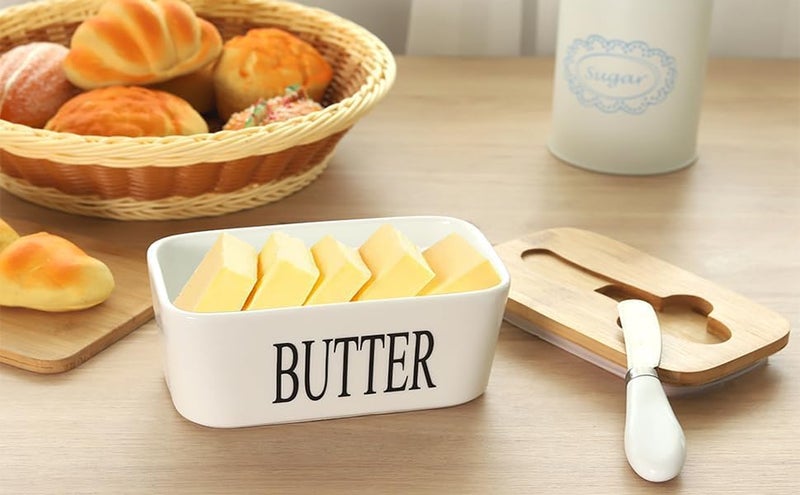 Kitssential® Ceramic Butter Dish with Wooden Lid, Large Butter Container Keeper Storage Plate with Steal Butter Knife, Bamboo Cover and Silicone Sealing Ring for West East Coast Butter, White (Large) - Image 4