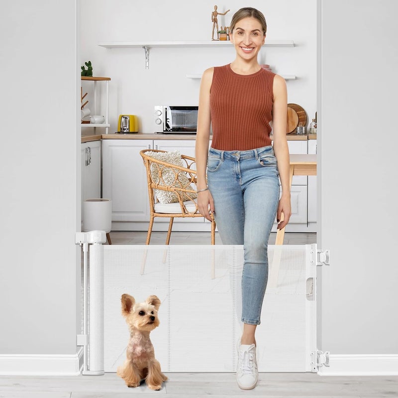 Bingguz Short Dog Gate 039 Wide Narrow Baby Gate 24 Tall Retractable Baby Gate to Step Over Short Gate for Stairs Low Pet Gate Indoor Mesh Doggie Gates Puppy Gate for Doorway White - Image 1