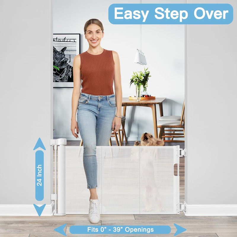 Bingguz Short Dog Gate 039 Wide Narrow Baby Gate 24 Tall Retractable Baby Gate to Step Over Short Gate for Stairs Low Pet Gate Indoor Mesh Doggie Gates Puppy Gate for Doorway White - Image 2