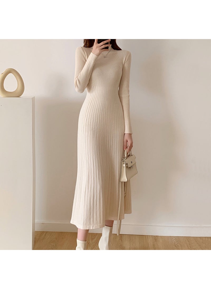Generic Womens Medium-length Sweater Dress Autumn/winter Polo/turtle Neck Knit Dress A- line Inner Wear Base Layer Apricot  - Image 1