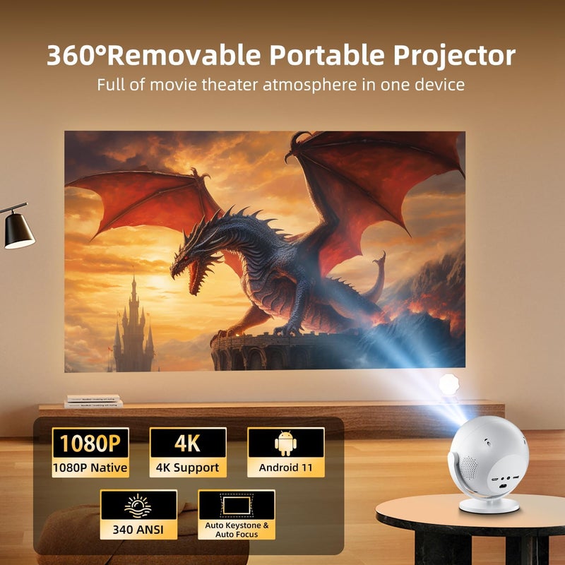 جهاز عرض ذكي صغير، دعم دقة أصلية 1080P و4K، تطبيقات مدمجة، 15000 لومن، تركيز كهربائي وتصحيح انحراف تلقائي، تصميم دوار بزاوية 360 درجة مع واي فاي 6 وبلوتوث 5.2 لأجهزة عرض المسرح المنزلي بروجكتر - Image 2