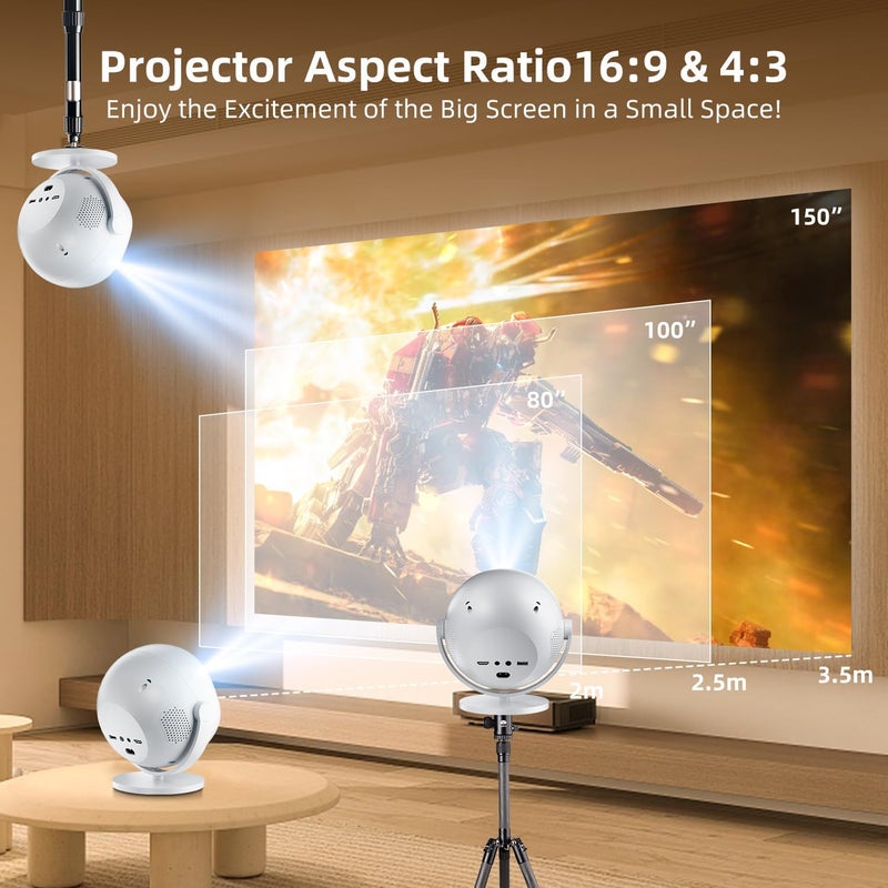 جهاز عرض ذكي صغير، دعم دقة أصلية 1080P و4K، تطبيقات مدمجة، 15000 لومن، تركيز كهربائي وتصحيح انحراف تلقائي، تصميم دوار بزاوية 360 درجة مع واي فاي 6 وبلوتوث 5.2 لأجهزة عرض المسرح المنزلي بروجكتر - Image 5