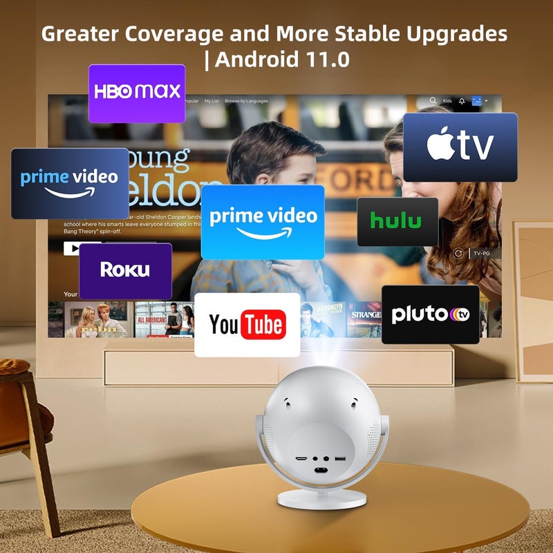جهاز عرض ذكي صغير، دعم دقة أصلية 1080P و4K، تطبيقات مدمجة، 15000 لومن، تركيز كهربائي وتصحيح انحراف تلقائي، تصميم دوار بزاوية 360 درجة مع واي فاي 6 وبلوتوث 5.2 لأجهزة عرض المسرح المنزلي بروجكتر - Image 3