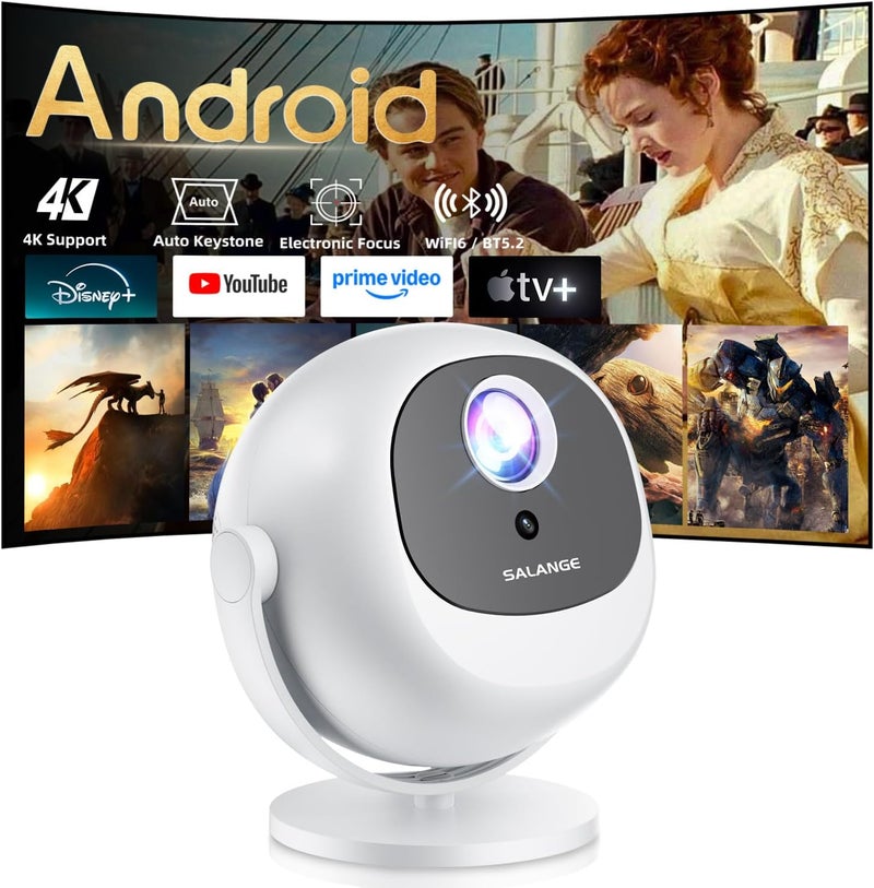 جهاز عرض ذكي صغير، دعم دقة أصلية 1080P و4K، تطبيقات مدمجة، 15000 لومن، تركيز كهربائي وتصحيح انحراف تلقائي، تصميم دوار بزاوية 360 درجة مع واي فاي 6 وبلوتوث 5.2 لأجهزة عرض المسرح المنزلي بروجكتر - Image 1