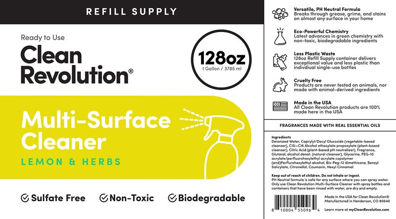 Clean Revolution Multi Surface Cleaner Refill Supply, Non-Toxic, Eco-Friendly & Plant-Based, Ready to Use, Lemon & Herbs, 128 Fl Oz (1 Gallon) - Image 4