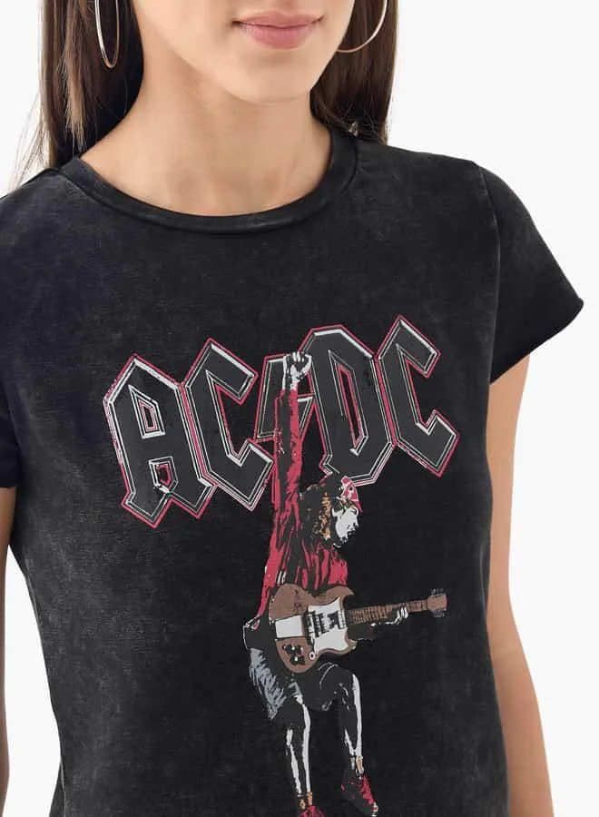 SP Characters AC/DC Print Crew Neck T-shirt with Short Sleeves