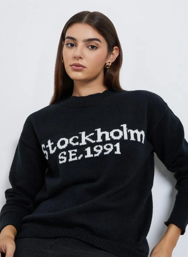 Styli Black Slogan Print Regular Fit Sweater