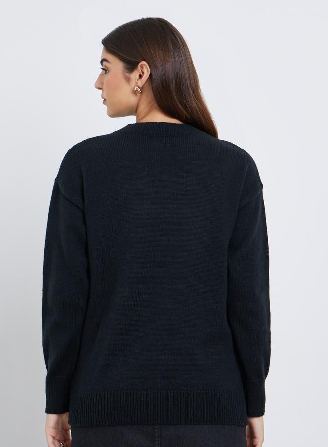 Styli Black Slogan Print Regular Fit Sweater - Image 5