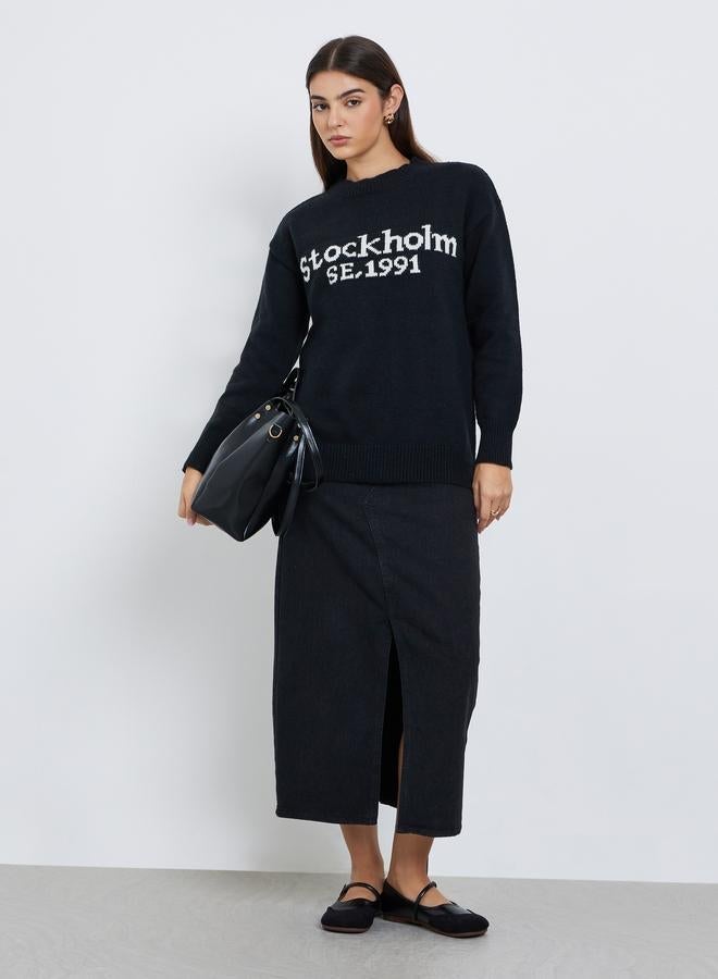 Styli Black Slogan Print Regular Fit Sweater - Image 2