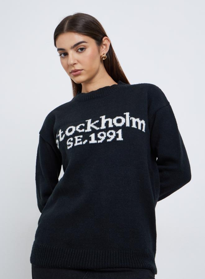 Styli Black Slogan Print Regular Fit Sweater - Image 1