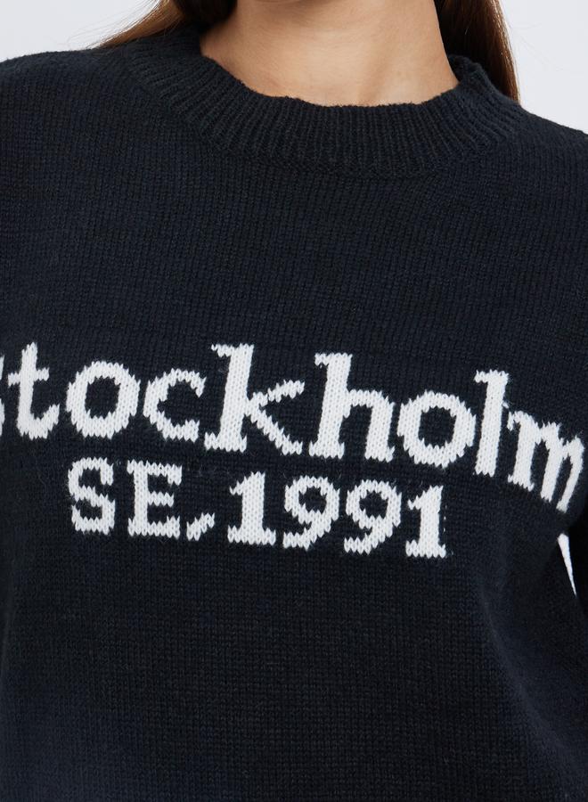 Styli Black Slogan Print Regular Fit Sweater - Image 4