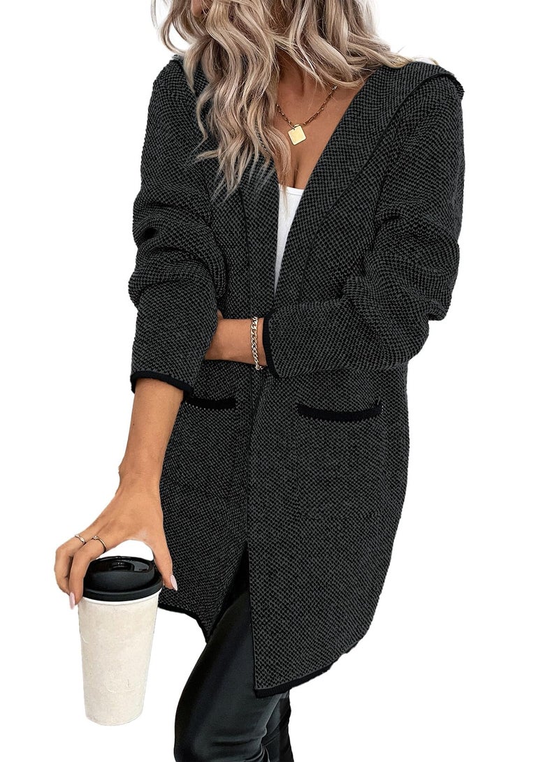 Sidefeel Cardigan for Women Long Sleeve Open Front Contrast Fall Outfits Winter Clothing Chunky Knit Oversized Hooded Sweaters Coat Charcoal Large - Image 1