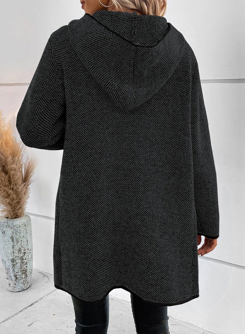 Sidefeel Cardigan for Women Long Sleeve Open Front Contrast Fall Outfits Winter Clothing Chunky Knit Oversized Hooded Sweaters Coat Charcoal Large - Image 2