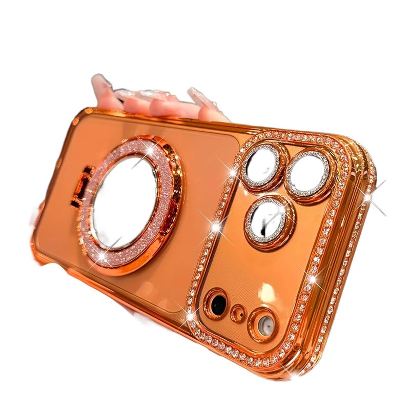 MS TPU MagSafe Case for iPhone 12 with Glitter and Mirror plus Strong Magnetic plus Kickstand in Orange - Image 4