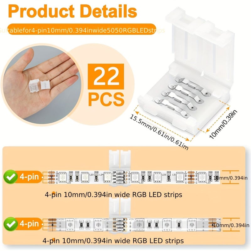 22pcs 4 Pin 10mm Solderless LED Strip Connectors For RGB Multicolor Strips Wire Free Plug And Play Connection Easily Expand Or Splice SMD 5050 Strips - Image 2