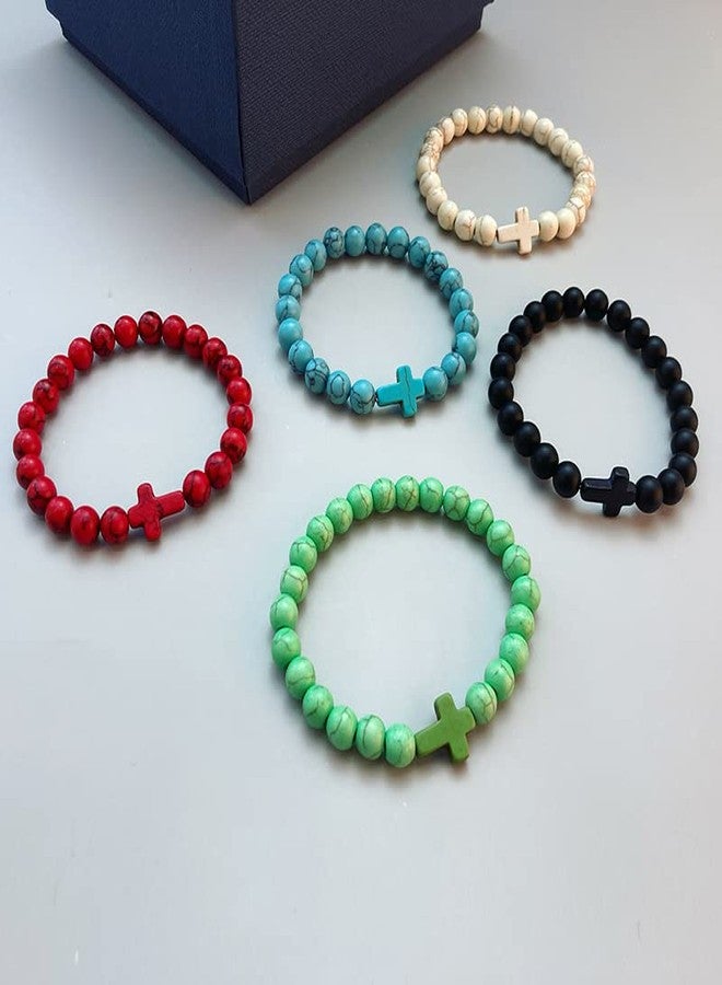Softones 8mm Beads Cross Bracelets for Women Men Natural Stone Elastic Stretch Prayer Bracelet for Women Friendship Cross Gifts - Image 3