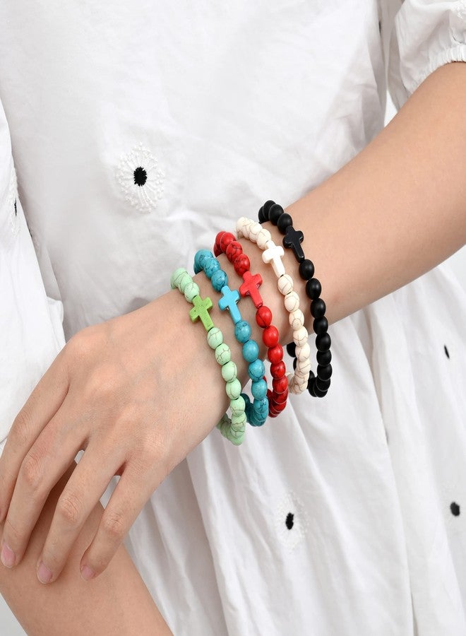Softones 8mm Beads Cross Bracelets for Women Men Natural Stone Elastic Stretch Prayer Bracelet for Women Friendship Cross Gifts - Image 4