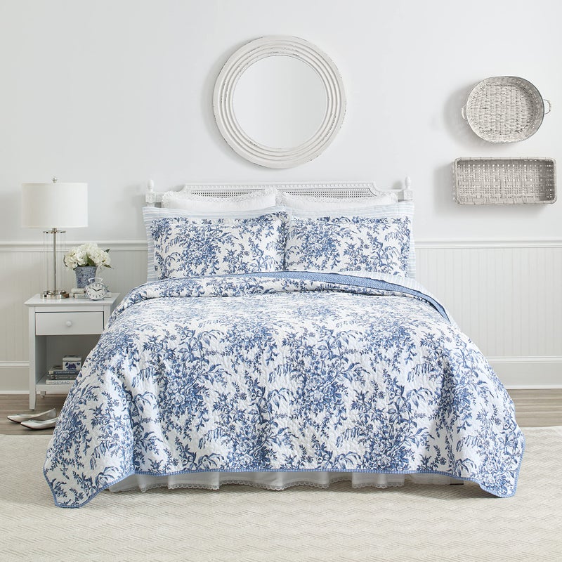 LAURA ASHLEY Laura Ashley  Twin Quilt Set Reversible Cotton Bedding with Matching Sham Home Decor for All Seasons Bedford Delft Blue Twin