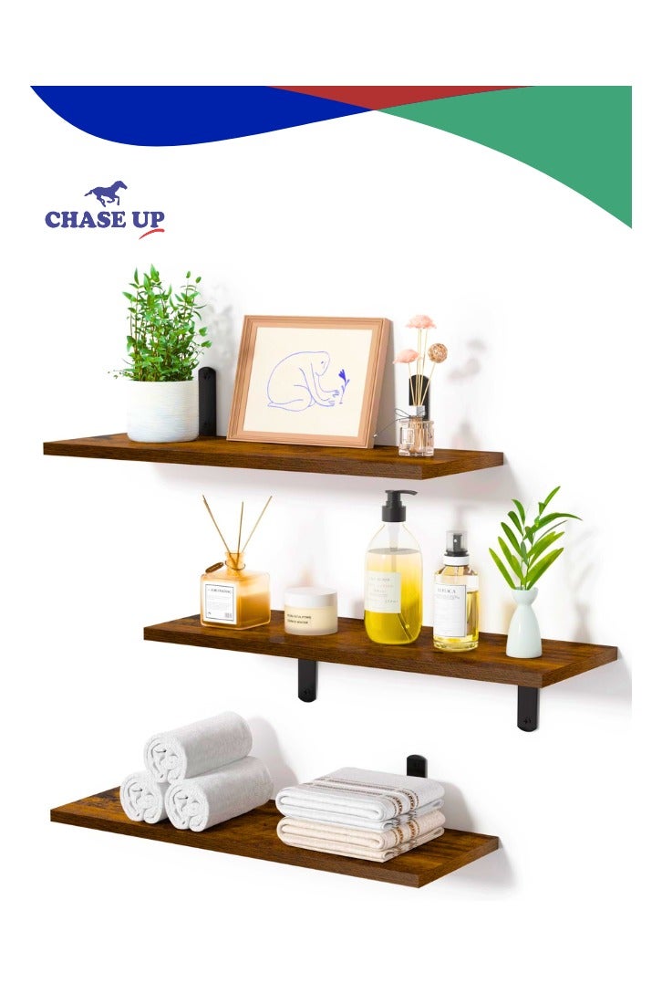 Chase Up Floating Shelves for Wall Decor Storage, Sturdy Small Wood Wall Mounted Shelves Set of 3 with Metal Brackets Hanging for Bedroom, Living Room, Bathroom, Kitchen, Book, Dark Brown - Image 1
