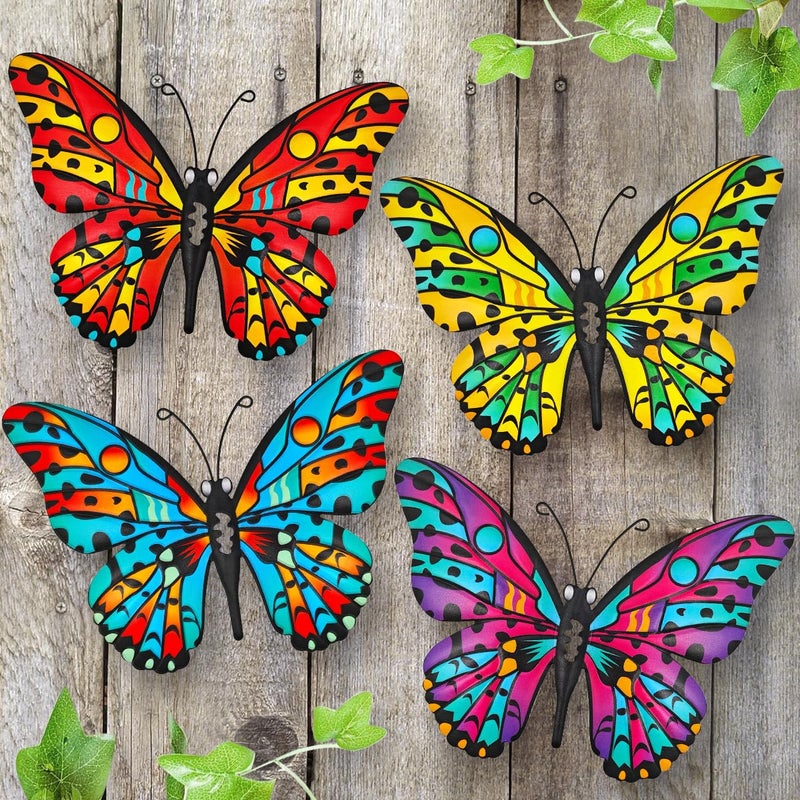 Daogtc Metal Butterfly Wall Decor - 9.6" Outdoor Fence Wall Art Decor, Hanging Decoration for Garden Yard Living Room Bedroom Patio Balcony(4 Pack) - Image 1