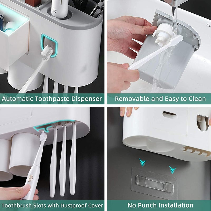 AMULAKH Multifunctional Wall Mounted Space Saving Toothpaste Squeezer Plastic Automatic Toothpaste Dispenser 23 Cup Magnetic Wall Mount Toothbrush Holder 2 Cup Toothbrush Holder - Image 2