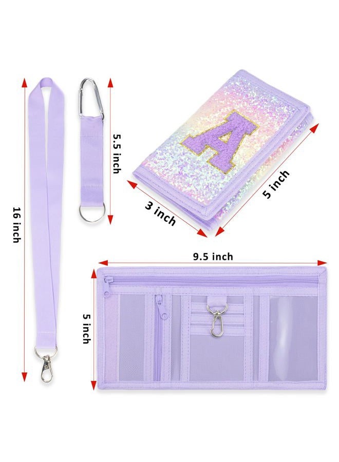 SiorVeol Girls Wallet for Kids Initial Glitter Wallets Trifold with Zipper and Card Slots Including Neck Lanyard and Hanging Strap, Pink Purple, A - Image 5