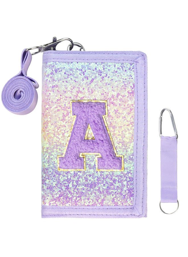 SiorVeol Girls Wallet for Kids Initial Glitter Wallets Trifold with Zipper and Card Slots Including Neck Lanyard and Hanging Strap, Pink Purple, A - Image 1