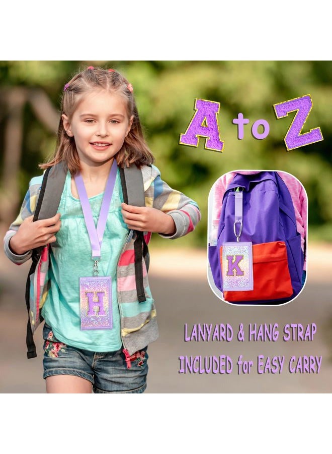 SiorVeol Girls Wallet for Kids Initial Glitter Wallets Trifold with Zipper and Card Slots Including Neck Lanyard and Hanging Strap, Pink Purple, A - Image 2