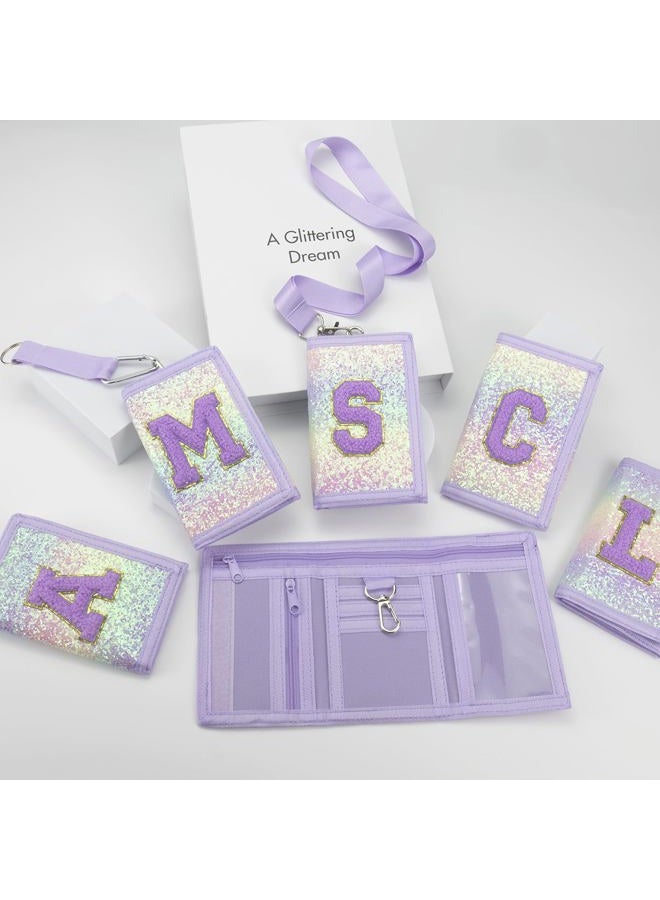 SiorVeol Girls Wallet for Kids Initial Glitter Wallets Trifold with Zipper and Card Slots Including Neck Lanyard and Hanging Strap, Pink Purple, A - Image 3