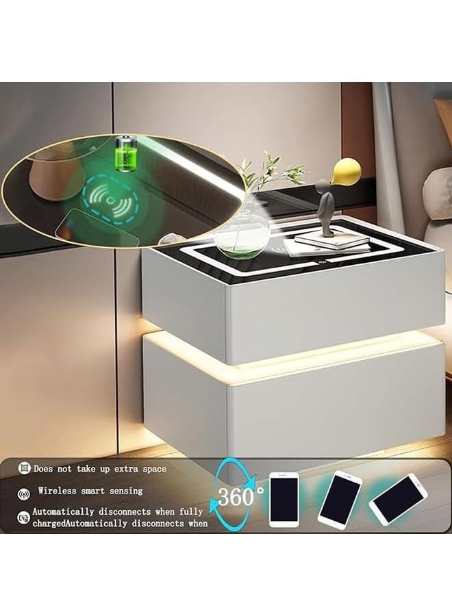 NKX Modern Bedside Nightstand Table with LED Mirror, Sensor Light, Wireless Charging and BT Speaker 40CM - Image 3