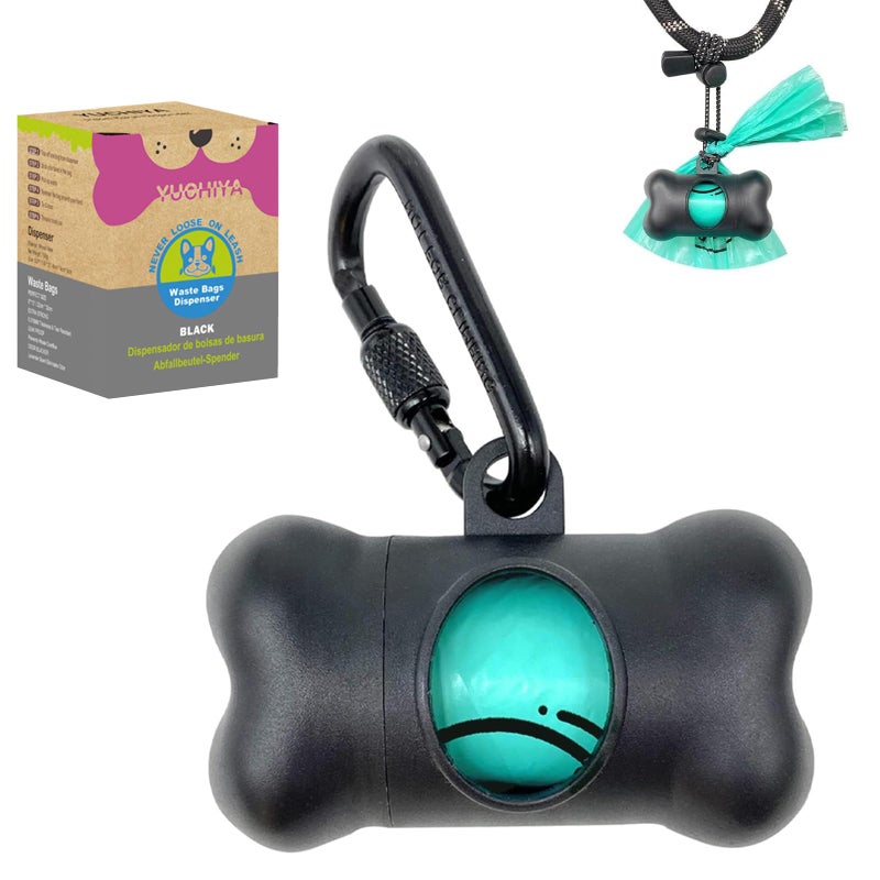 YUCHIYA Dog Poop Pickup Bags Holder Dispenser with Standard-Sized Leak-Proof Scented Doggy Waste Bags and Carabiner with Safety Lock&Fastener Never Loose on Leash Lead Again (1 Holder 15 Bags, Black) - Image 1