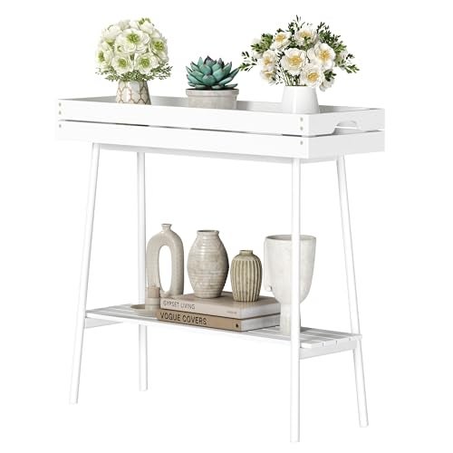BAMBANG Bamboo Plant Stand Indoor, 2 Tier Small Plant Table, Tall Plant Stand for Indoor Plants, Window Sill Plant Shelf, Flower Pot Holder Plant Bench Plant Rack for Living Room Outdoor, White - Image 1
