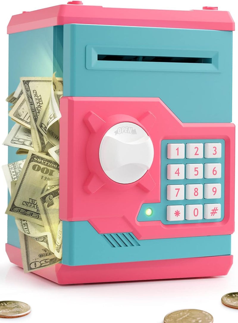 Playsheek Piggy Bank for Girls Boys Large Electronic Money Coin Banks with Password Protection Automatic Paper Money Scroll Saving Box Great Gift for KidsPinkBlue - Image 3