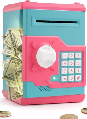 Playsheek Piggy Bank for Girls Boys Large Electronic Money Coin Banks with Password Protection Automatic Paper Money Scroll Saving Box Great Gift for KidsPinkBlue - Image 1
