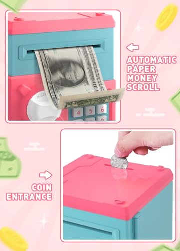Playsheek Piggy Bank for Girls Boys Large Electronic Money Coin Banks with Password Protection Automatic Paper Money Scroll Saving Box Great Gift for KidsPinkBlue - Image 5