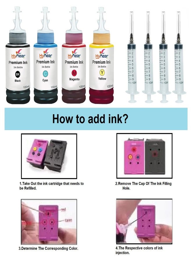 Hynear 682 Refill Ink Bottle with Syringe Suitable for 6075, 6078, 6475, 6478 682 Ink Cartridge Cyan, Black, Magenta & Yellow (100ml X 4 Bottle + 4Syringe + Tool Kit + Tissue Paper + Handgloves) - Image 2