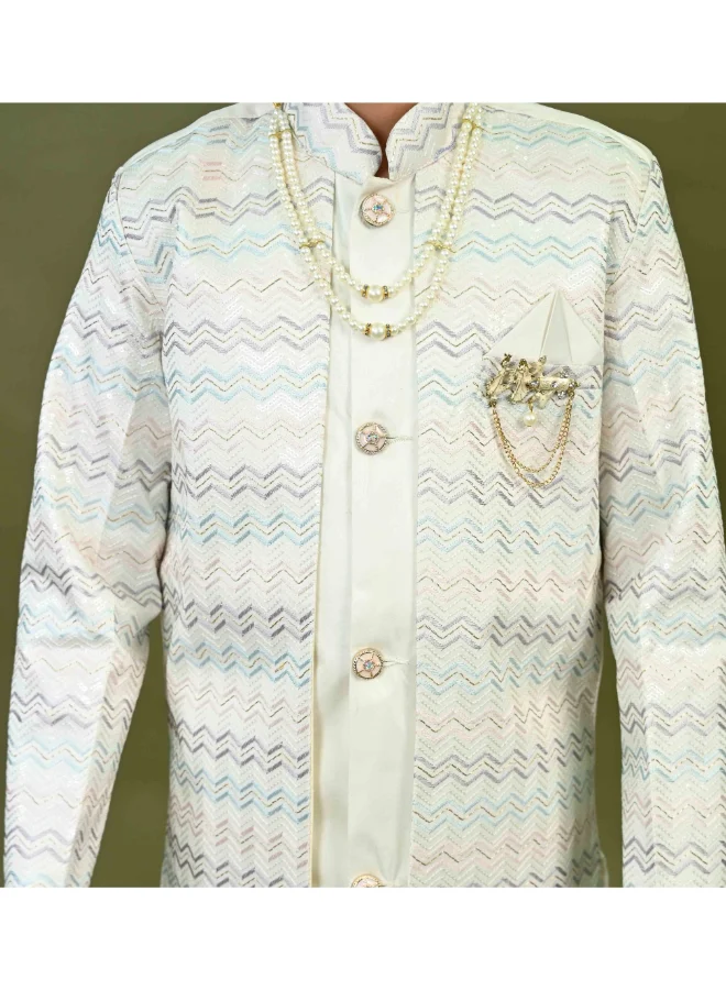 BT DEZINES Boys Off White Satin Sherwani Set
