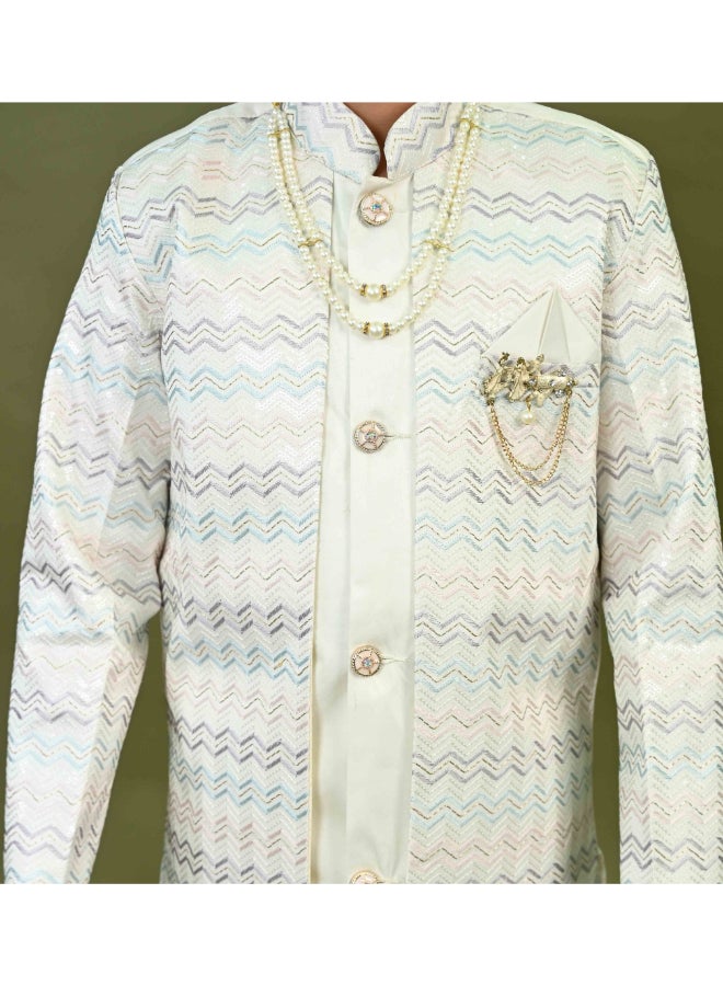 BT DEZINES Boys Off White Satin Sherwani Set - Image 3