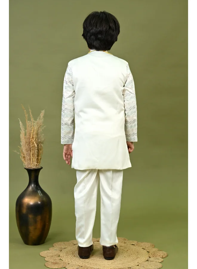 BT DEZINES Boys Off White Satin Sherwani Set