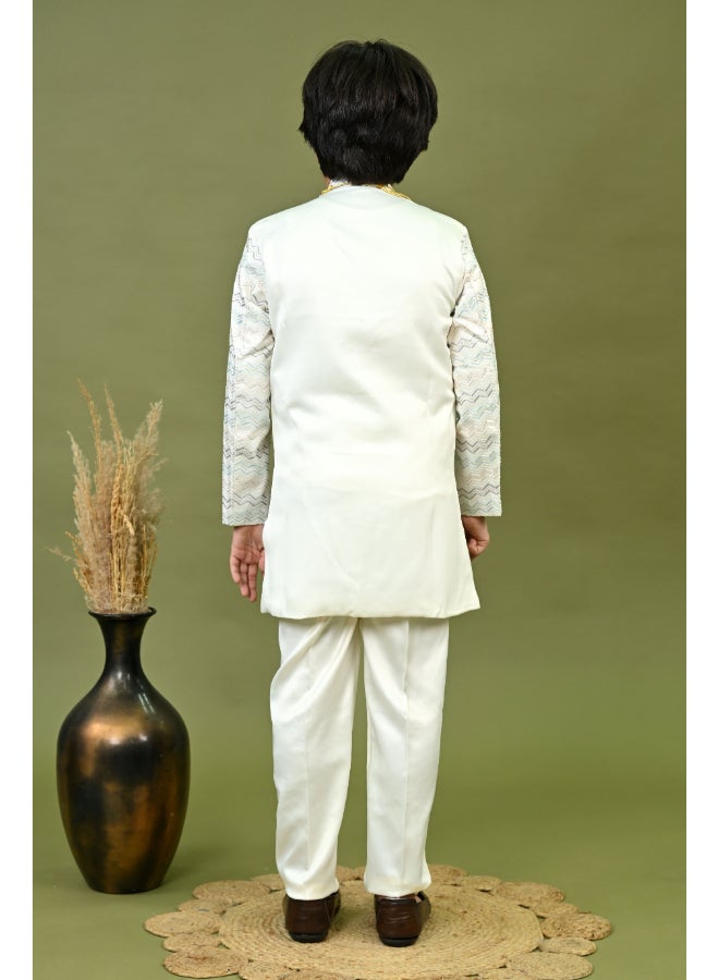 BT DEZINES Boys Off White Satin Sherwani Set - Image 2