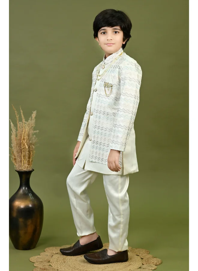 BT DEZINES Boys Off White Satin Sherwani Set