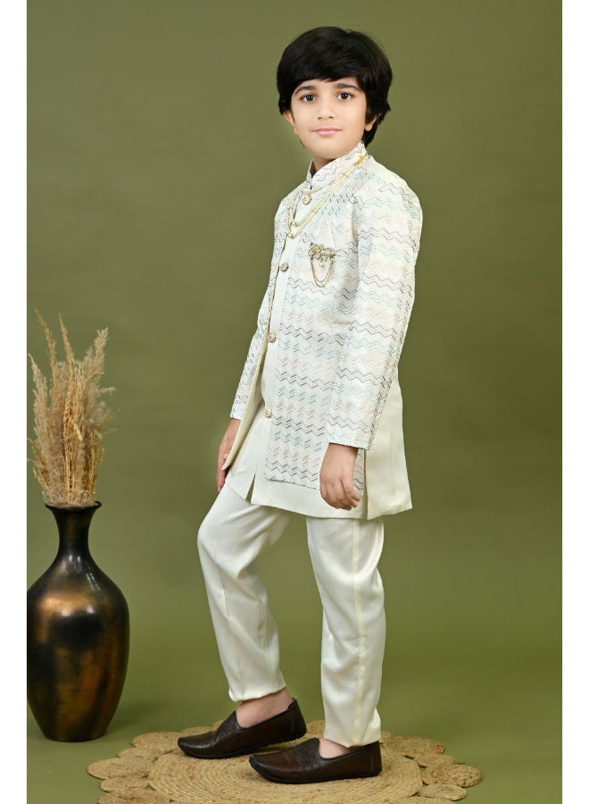 BT DEZINES Boys Off White Satin Sherwani Set - Image 4