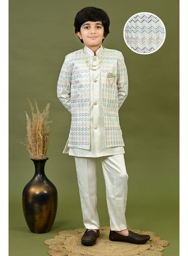 BT DEZINES Boys Off White Satin Sherwani Set - Image 1