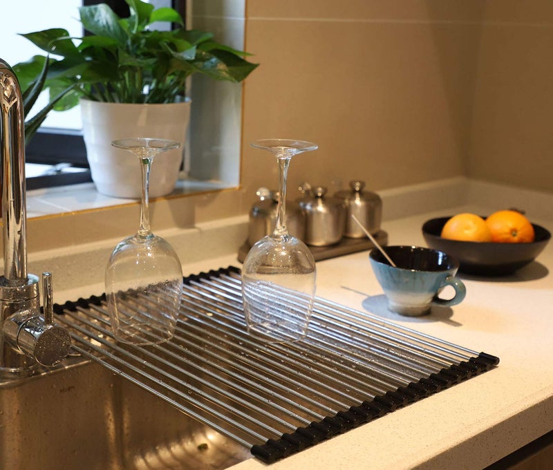 Ahyuan Roll up Dish Drying Rack Over The Sink Kitchen Roll up Sink Drying Rack Stainless Still Portable Drainer Foldable Dish Rack (Black, 17.8''X13.5'') - Image 5