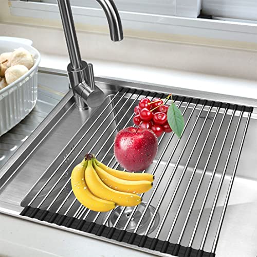 Ahyuan Roll up Dish Drying Rack Over The Sink Kitchen Roll up Sink Drying Rack Stainless Still Portable Drainer Foldable Dish Rack (Black, 17.8''X13.5'') - Image 2
