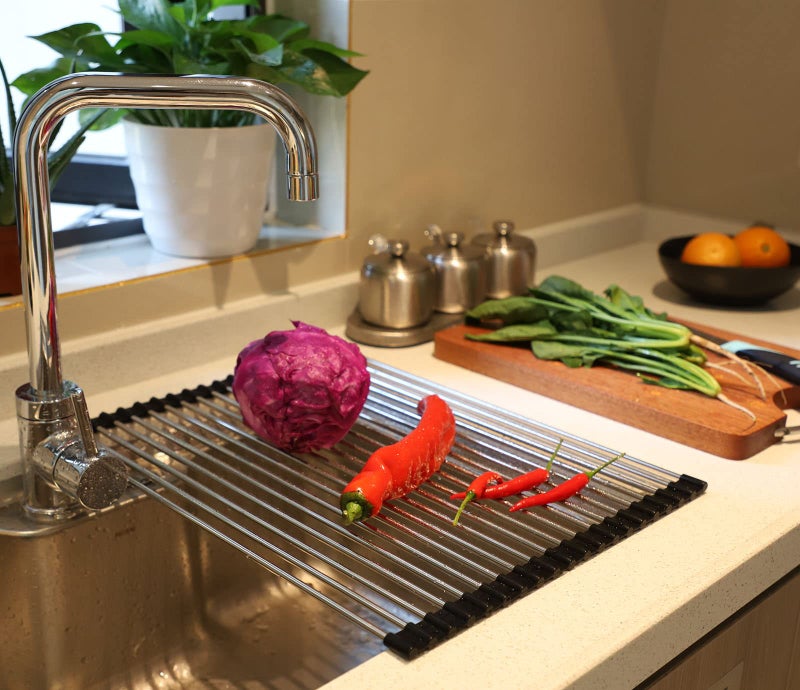 Ahyuan Roll up Dish Drying Rack Over The Sink Kitchen Roll up Sink Drying Rack Stainless Still Portable Drainer Foldable Dish Rack (Black, 17.8''X13.5'') - Image 3