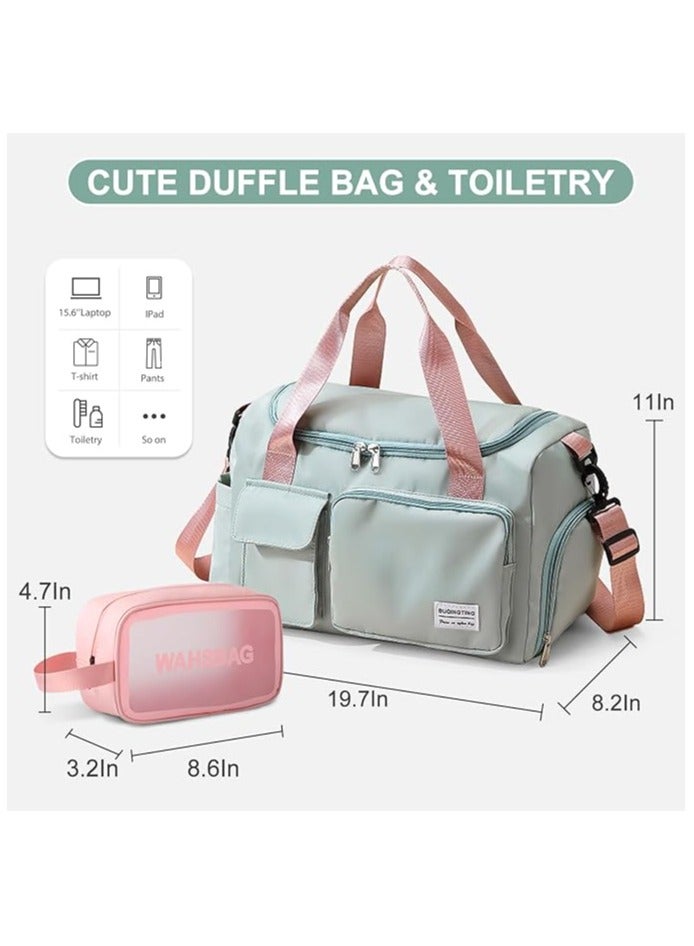Chabeia 19.7" Large Gym Bag for Women, Travel Duffle Bag,with toiletry Bag,with Shoe Compartment,Dry Wet Separated, Luggage,Waterproof ,Travel Bag,Sport Duffle Bag ,for Sport, Yoga, Travel, Fitness, Overnight Weekend with Shoulder Strap (Green Pink)  - Image 3