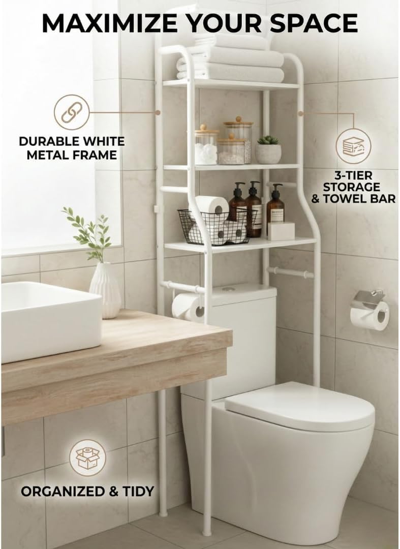 Supplier Bathroom Over Toilet Storage Rack – 3 Tier Organizer with Towel Rods | Sturdy Metal Frame in White | Space Saving Design for Storage Towels and Bathroom Supplies - Image 3